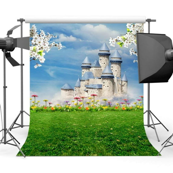 ABPHOTO Polyester 5x7ft Backdrops Fairytale Castle Photography Backdrops Green Grass Bright Sky Colorful Flower Photography Background