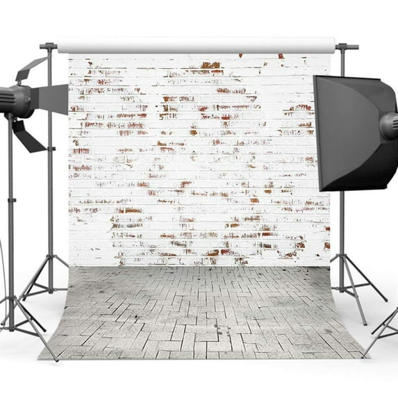 ABPHOTO Polyester 5x7ft Backdrops White Brick Wall Grey Brick Floor Photography Backdrops Vintage Wall Photography Props