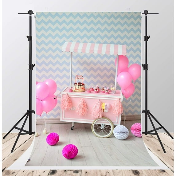 ABPHOTO Polyester 5x7ft Birthday Photography Backdrops Blue Stripes Background Pink Balloons Backdrop