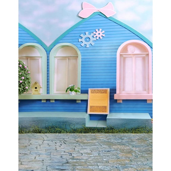 ABPHOTO Polyester 5x7ft Blue House Wooden Floor Photography Backdrops Photo Props Studio Background