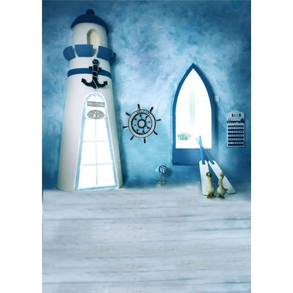 ABPHOTO Polyester 5x7ft Blue Photography Backdrop Summer Wood Floor Backdrops Texture Wal Lighthouse Mediterranean Style Photo Background
