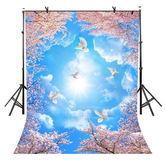 ABPHOTO Polyester 5x7ft Blue sky Sunshine Backdrop Sunlight Pigeons Beautiful Flowers Photography Background and Studio Photography Backdrop Props