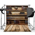 thumbnail image 1 of ABPHOTO Polyester 5x7ft Bookshelf Backdrop Interior Library Bookcase Study Room Books Rustic Stripes Wood Plank Decor Wallpaper Photography Background Kids Adults Photo Studio Props, 1 of 3