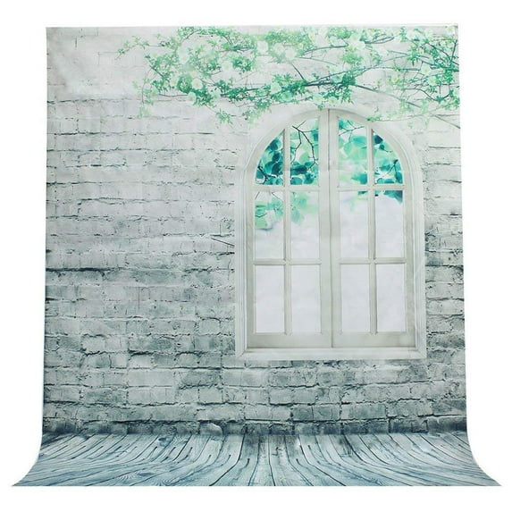 ABPHOTO Polyester 5x7ft Brick Wall Green Flower Window Wooden Floor Wedding Backdrop Background for Wedding, Baby, Newborn, Personal Photo