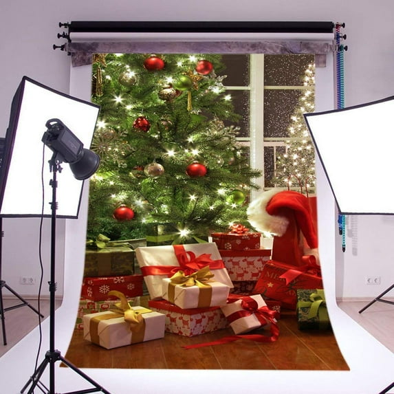 ABPHOTO Polyester 5x7ft Christmas Backdrop Xmas Decoration Tree Gifts Red Balls Twinkle Stars Lights Gifts Wood Plank Interior Photography Background Happy New Year Photo Studio Props