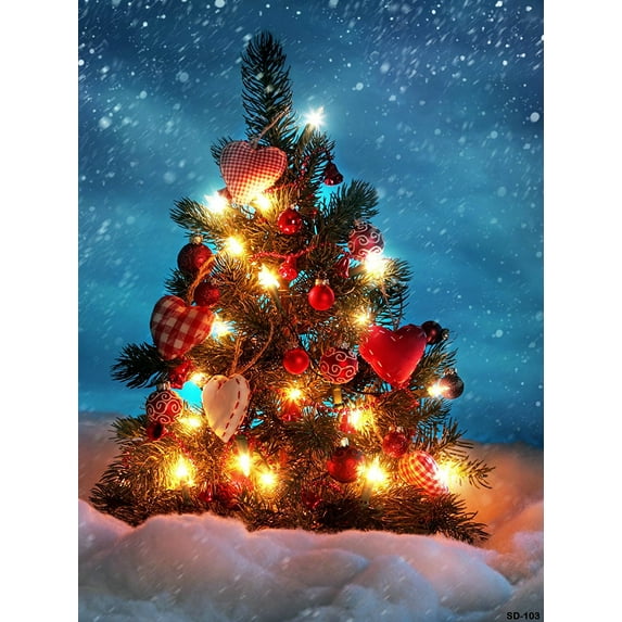 ABPHOTO Polyester 5x7ft Christmas Photography Backdrop Christmas Tree Lights and Heart-shaped Decoration Background