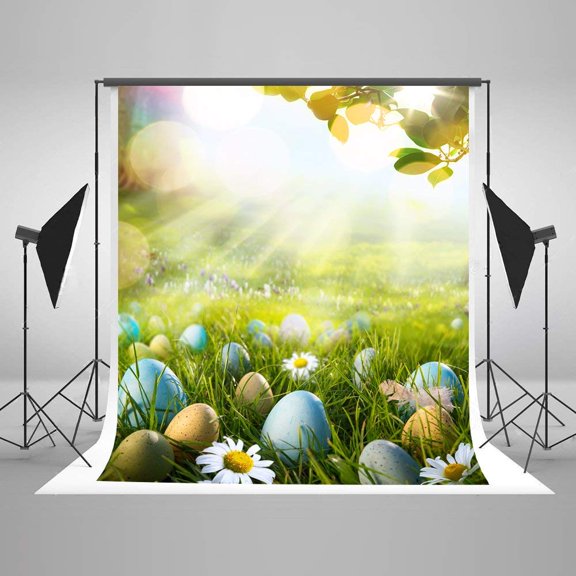 ABPHOTO Polyester 5x7ft Cute Children Photography Backdrops Winkle Free Green Grass Colorful Eggs and Flowers Easter Photo Background