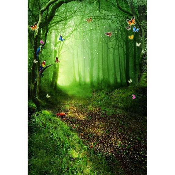 ABPHOTO Polyester 5x7ft Fairy Tale Forest Photographic Studio Booth Background Trees Mushrooms Colorful Butterflies Kids Children Photography Backdrop Fantasy