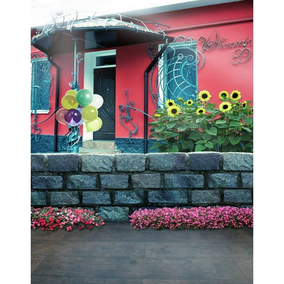 ABPHOTO Polyester 5x7ft Flowers Red House Balloon Photography Backdrops Photo Props Studio Background