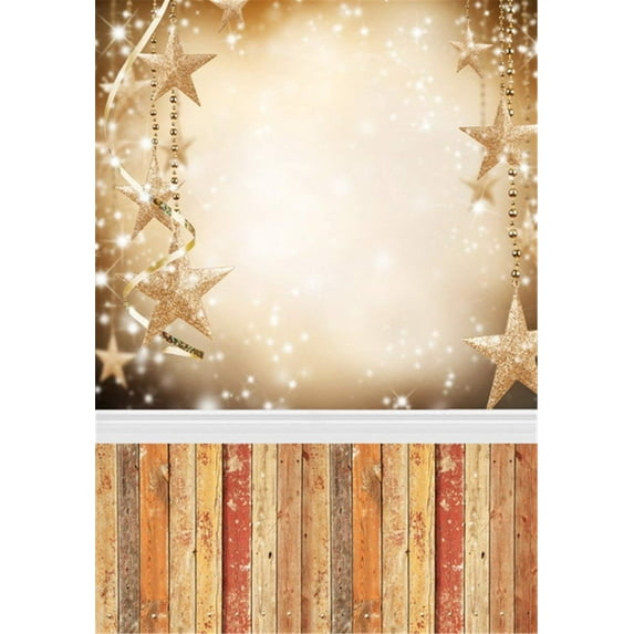 ABPHOTO Polyester 5x7ft Gold Stars Glitter Photography Backdrops Bokeh Polka Dots Merry Christmas Happy New Year Holiday Photo Studio Backgrounds Vintage Wood Floor