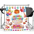 thumbnail image 1 of ABPHOTO Polyester 5x7ft Happy Birthday Backdrop Balloons Lollipops Sweet Hearts Gifts Cupcakes Alphabet Numbers Candles Ribbon Photography Background Baby Shower Boys Girls Party Photo Studio Props, 1 of 3
