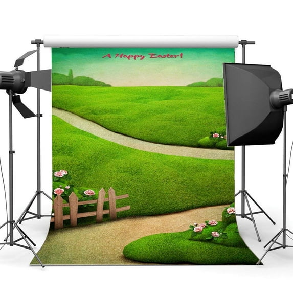 ABPHOTO Polyester 5x7ft Happy Easter Backdrop Fairytale Garden Fresh Flowers Green Grass Meadow Dirt Road Path Wood Fence Fantasy Spring Photography Background for Boys Girls Photo Studio Props
