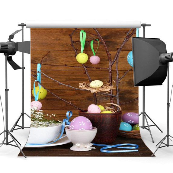 ABPHOTO Polyester 5x7ft Happy Easter Backdrop Painted Eggs Backdrops Ribbon White Flowers Rustic Stripes Wood Plank Frohe Ostern Spring Photography Background for Kids Baby Photo Studio Props