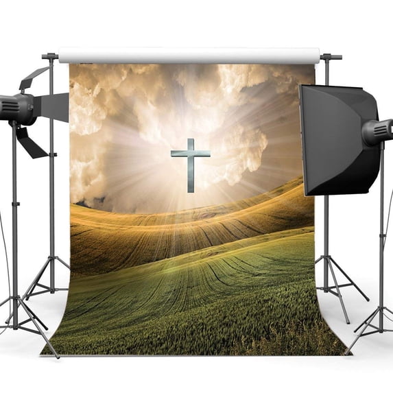 ABPHOTO Polyester 5x7ft Happy Easter Backdrop Resurrection of Backdrops Cross Holy Lights White Cloud Green Wheat Field Photography Background for Kids Adults Party Portrait Photo Studio Props