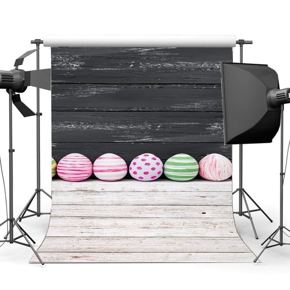 ABPHOTO Polyester 5x7ft Happy Easter Eggs Backdrop Gloomy Stripes Wood Plank with Wooden Floor Nature Spring Frohe Ostern Photography Background for Kids Adults Party Wallpaper Photo Studio Props