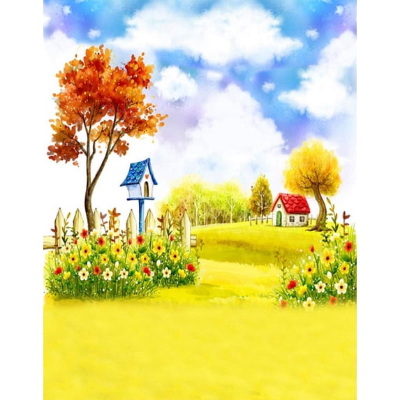 ABPHOTO Polyester 5x7ft House Flowers Tree Lawn Painting Photography Backdrops Photo Props Studio Background