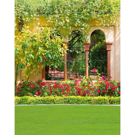 ABPHOTO Polyester 5x7ft House Green Tree Grass Flowers Photography Backdrops Photo Props Studio Background