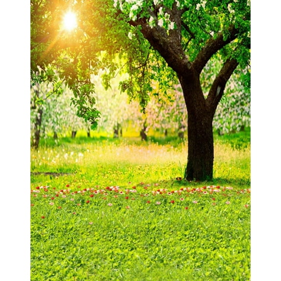 ABPHOTO Polyester 5x7ft Landscape Tree Grass Flowers Lawn Sun Photography Backdrops Photo Props Studio Background