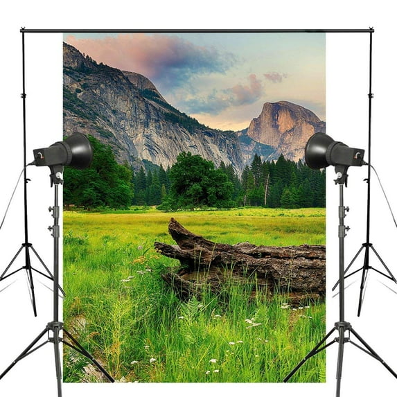 ABPHOTO Polyester 5x7ft Mountains Trees Landscape Photography Background Green Grass Backdrop Nature Theme Studio Background Props Wall