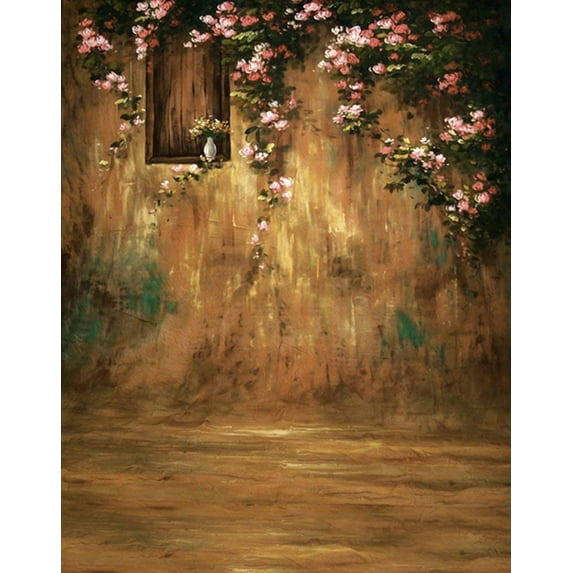 ABPHOTO Polyester 5x7ft Old House Pink Flowers Tree Painting Photography Backdrops Photo Props Studio Background