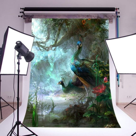 ABPHOTO Polyester 5x7ft Peacock Backdrop Fairytale Jungle Forest Trees Flowers River Green Grass Fantasy Landscape Interior Decoration Wallpaper Photography Background Photo Studio Props