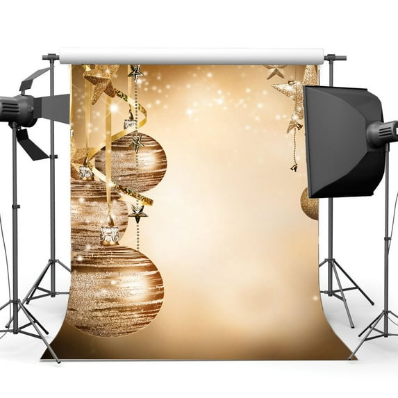 ABPHOTO Polyester 5x7ft Photography Backdrop Christmas Golden Star String Ball Ribbon Bokeh Twinkle Sequin Xmas Backdrops Seamless Baby Kids Happy New Year Background Photo Studio Props