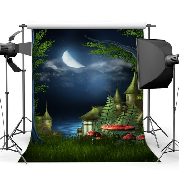 ABPHOTO Polyester 5x7ft Photography Backdrop Dreamy Fairy Tale Castle Bokeh Starry Moon Night Mushroom Grass Field Fantasy Backdrops Seamless Baby Kids Children Adults Background Photo Studio Props