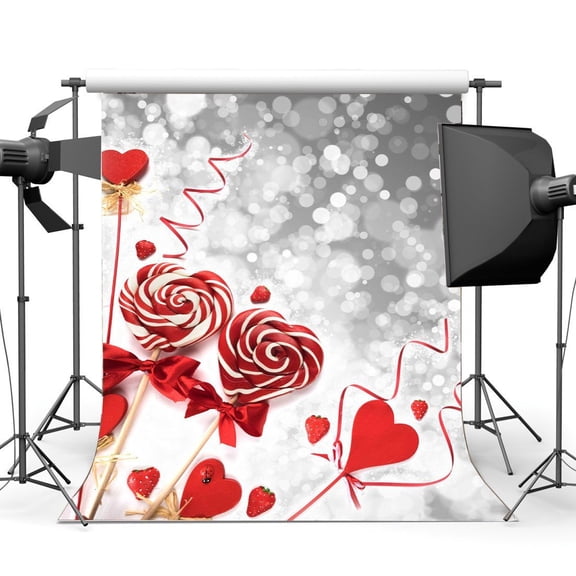 ABPHOTO Polyester 5x7ft Photography Backdrop Valentine's Day Red Hearts Lollipops Bokeh Silver Sequin Wedding Backdrops Semaless Girls Lover Portrait Background Photo Studio Props