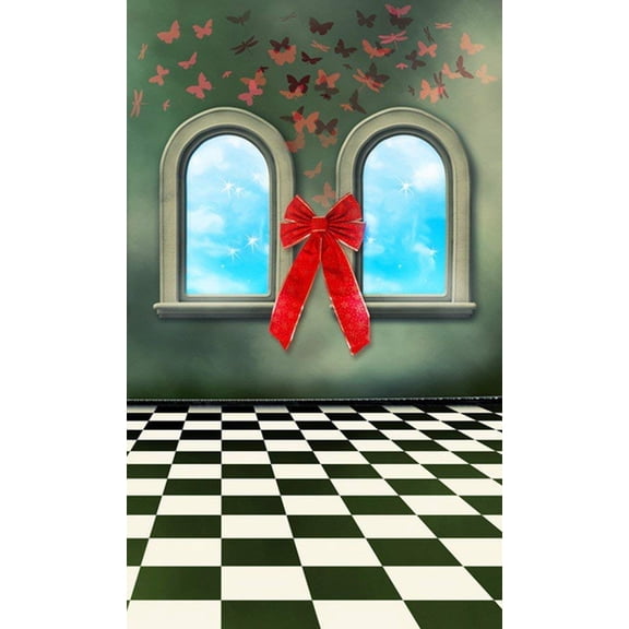 ABPHOTO Polyester 5x7ft Photography Backdrops Dark Green Wall Arched Window Red Bow Black And White Checked Floor