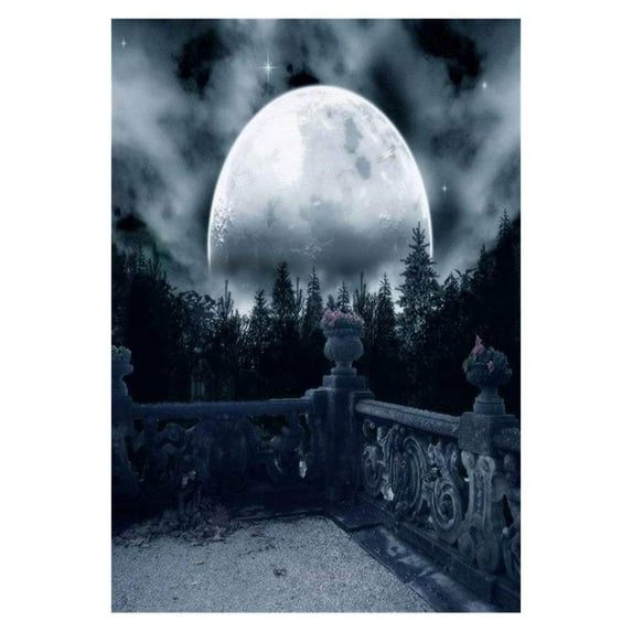 ABPHOTO Polyester 5x7ft Photography Backgrounds Dark Horror Night Full Moon Trees Gloomy Balcony View Halloween Theme Photo Backdrop