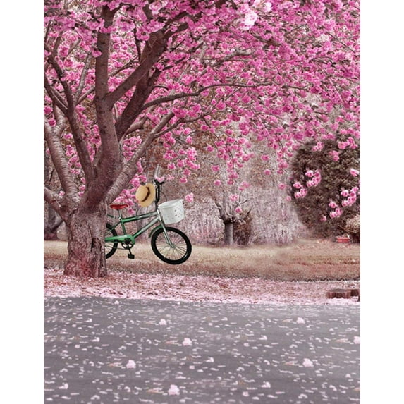 ABPHOTO Polyester 5x7ft Pink Flowers Tree Bicycle Photography Backdrops Photo Props Studio Background