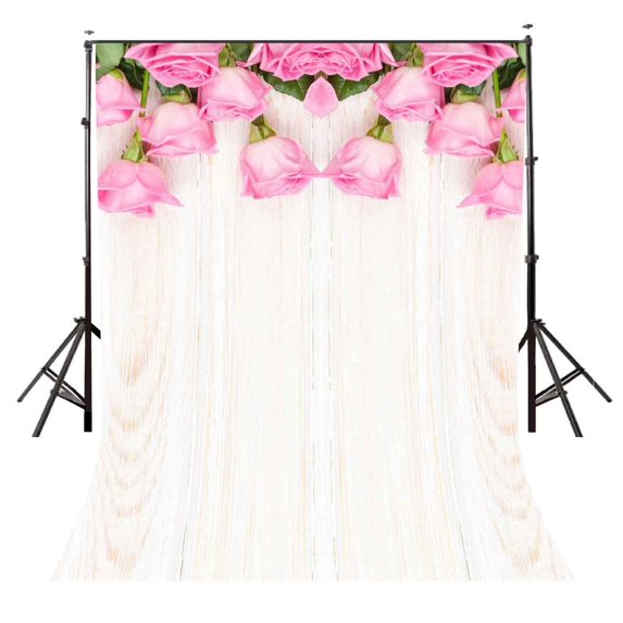 ABPHOTO Polyester 5x7ft Plain White Backdrop Plain White Curtain Pink Rose Wedding Theme Photography Background and Studio Photography Backdrop Props