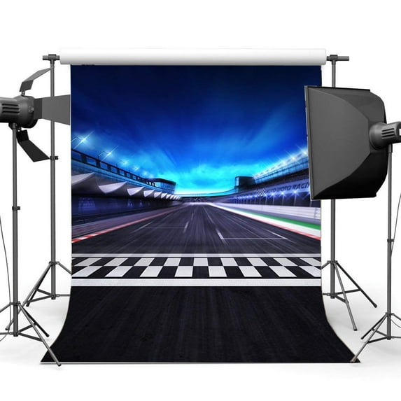 ABPHOTO Polyester 5x7ft Racing Track Backdrop Bokeh Shining Lights Blue Sky Night View Backdrops Gloomy Highway Runway Challenge Games Photography Background for Men Baby Photo Studio Props