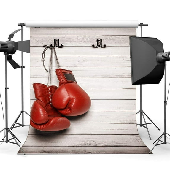 ABPHOTO Polyester 5x7ft Red Boxing Glove Backdrop Shabby Wood Plank Backdrops Whitewashed Stripes Wooden Floor Photography Background for Men Adults Sports Match School Game Photo Studio Props