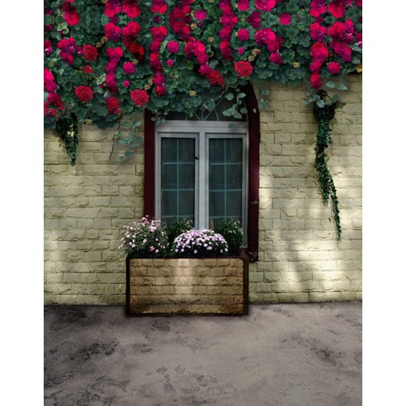 ABPHOTO Polyester 5x7ft Red Flowers Brick House Photography Backdrops Photo Props Studio Background