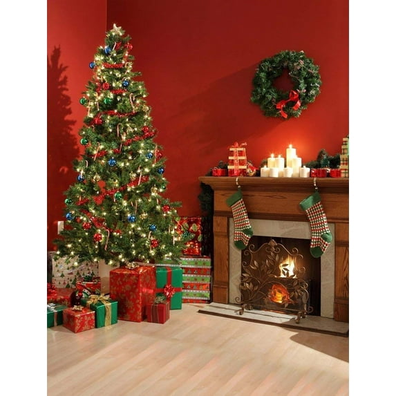 ABPHOTO Polyester 5x7ft Red Retro Wall Backdrops Christmas Photoshoot Backdrop Living Room Fireplace Background Floor