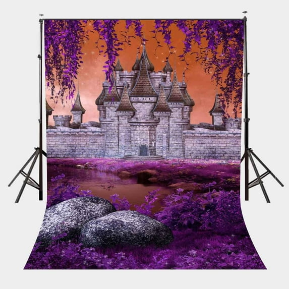 ABPHOTO Polyester 5x7ft River Beach View Backdrop Standing Castle Background Ultra Violet Color Flower Backdrop