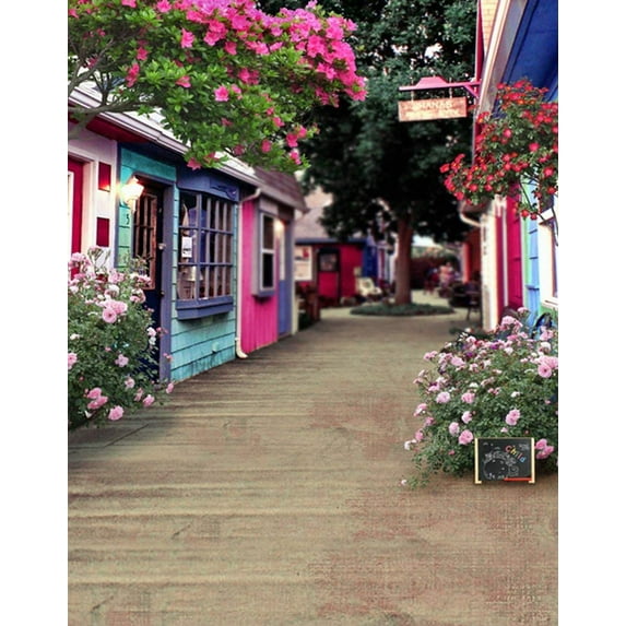 ABPHOTO Polyester 5x7ft Road House Colorful Flowers Photography Backdrops Photo Props Studio Background