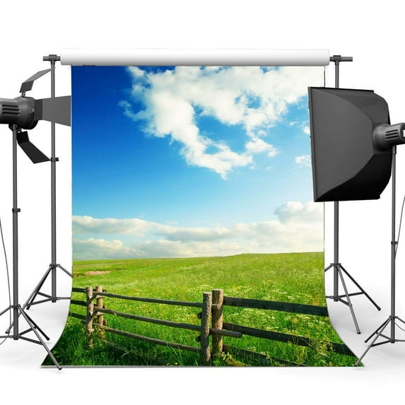 ABPHOTO Polyester 5x7ft Rustic Farmland Backdrop Shabby Wood Fence Green Grass Meadow Wheat Field Backdrops Blue Sky White Cloud Nature Spring Photography Background for Adults Photo Studio Props