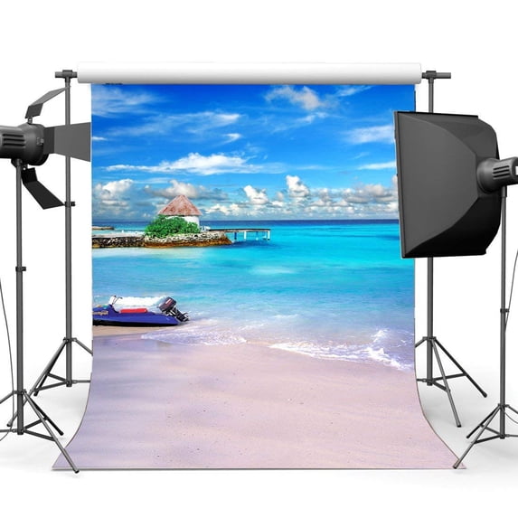 ABPHOTO Polyester 5x7ft Seaside Sand Beach Backdrop Cartoon Toys Blue Sky White Cloud Backdrops Nature Ocean Sailing Summer Journey Photography Background for Kids Adults Photo Studio Props
