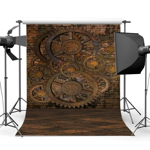 ABPHOTO Polyester 5x7ft Steampunk Backdrop Vintage Gears Machinery Ancient Peeled Brick Wallpaper Gloomy Rustic Marble Floor Photography Background Adults Personal Portraits Photo Studio Props