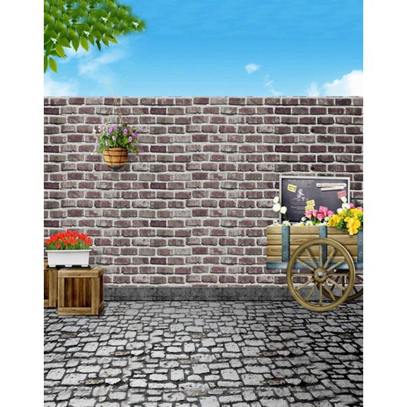 ABPHOTO Polyester 5x7ft Stone Floor Brick Wall Flowers Photography Backdrops Photo Props Studio Background