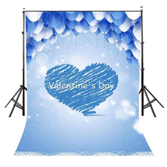 ABPHOTO Polyester 5x7ft Valentine's Day Backdrop Blue Heart Pattern Backdrop Blue and White Balloons Photography Background Studio Props