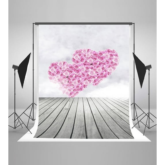 ABPHOTO Polyester 5x7ft Valentine's Day Photography Backdrops Winkle Free Many Roses Consist of Two Hearts and Wood Floor Photo Background LK3208