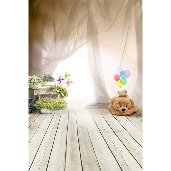 ABPHOTO Polyester 5x7ft White Gauze Drapery Wind Wooden Floor Indoor Wedding Studio Photography Backdrops Mural Cloth Backdrops Props