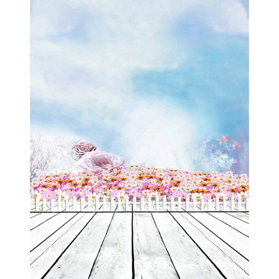 ABPHOTO Polyester 5x7ft Wooden Floor Flowers Blue Sky Photography Backdrops Photo Props Studio Background