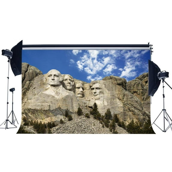 ABPHOTO Polyester 7x5ft American Mount Rushmoore National Memorial Backdrop Famous Carving Rock Stone Statue Blue Sky White Cloud Photography Background for Independence Day Photo Studio Props
