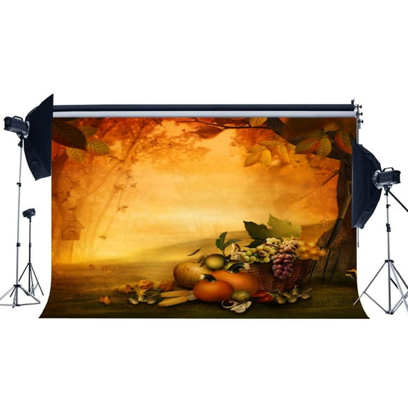 ABPHOTO Polyester 7x5ft Autumn Harvest Backdrop Fairytale Pumpkin Backdrops Jungle Forest Golden Leaves Green Grass Meadow Fall Photography Background for Person Thanksgiving Day Photo Studio Props
