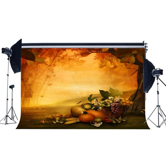 ABPHOTO Polyester 7x5ft Autumn Harvest Backdrop Jungle Forest Backdrops Pumpkin Fruits Falling Golden Leaves Green Grass Meadow Halloween Photography Background for Girls Princess Photo Studio Props