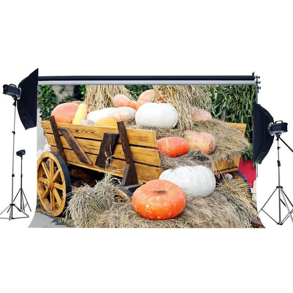 ABPHOTO Polyester 7x5ft Autumn Harvest Backdrop Pumpkin Straw Haystack Backdrops Rustic Old Barn Farm Car Vintage Wood Carriage Photography Background for Halloween Thanks Gaving Photo Studio Props